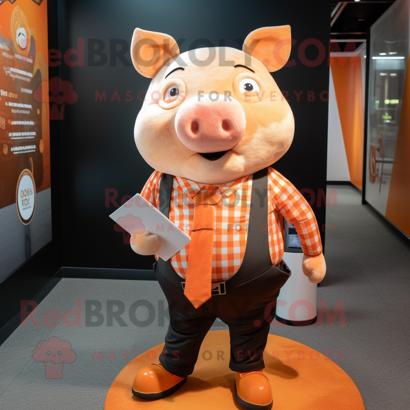 Orange Pig mascot costume character dressed with a Graphic Tee and Pocket squares Orange Pig mascot costume character dressed with a Graphic Tee and Pocket squares