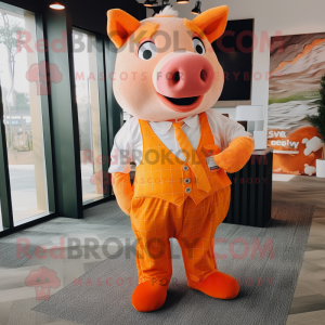 Orange Pig mascot costume character dressed with a Graphic Tee and Pocket squares