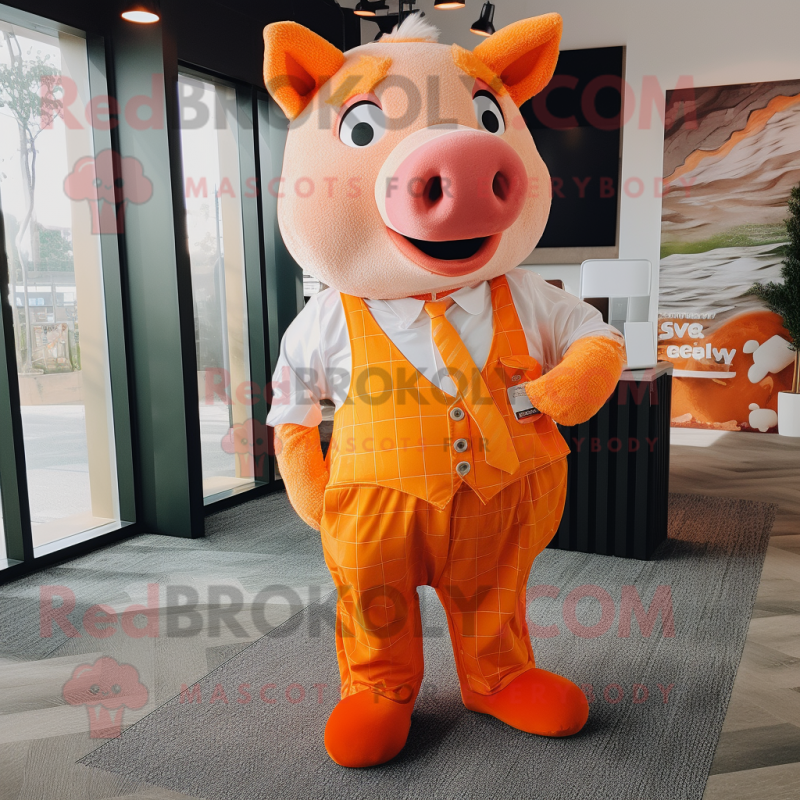Orange Pig mascot costume character dressed with a Graphic Tee and Pocket squares Orange Pig mascot costume character dressed with a Graphic Tee and Pocket squares