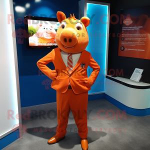 Orange Pig mascot costume character dressed with a Graphic Tee and Pocket squares