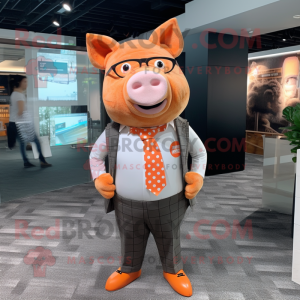 Orange Pig mascot costume character dressed with a Graphic Tee and Pocket squares