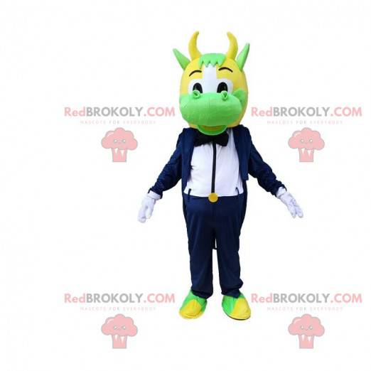 Mascote vaca verde e amarela vestida com um smoking elegante -