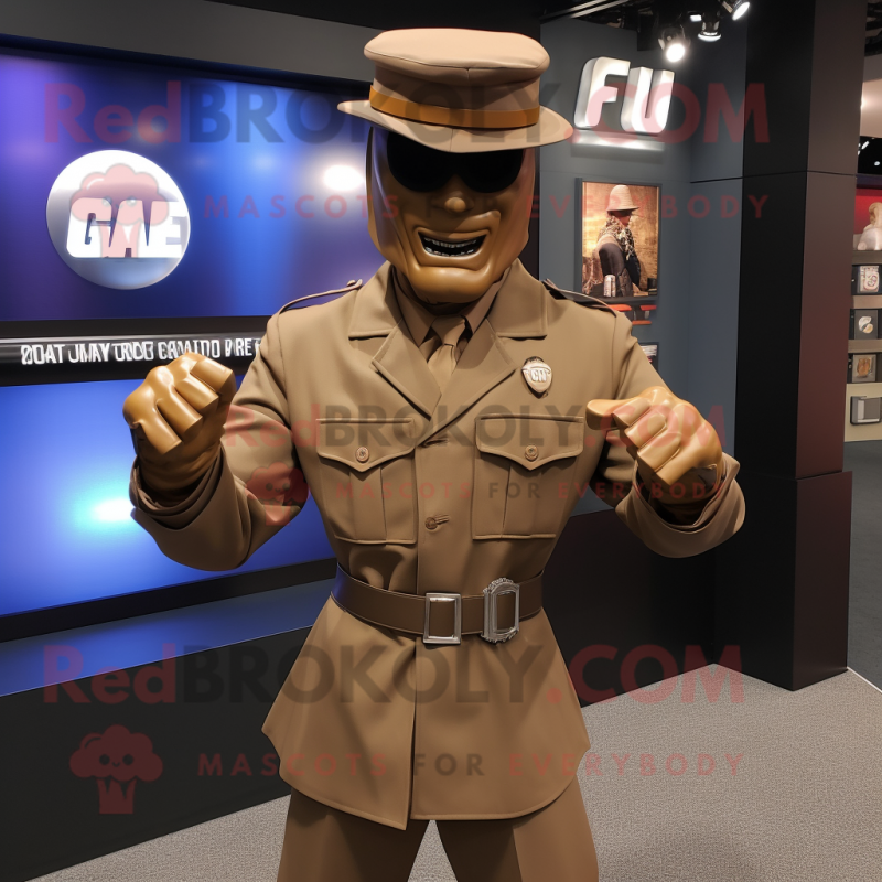 Brown Gi Joe mascot costume character dressed with a Suit Jacket and Hats