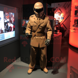 Brown Gi Joe mascot costume character dressed with a Suit Jacket and Hats