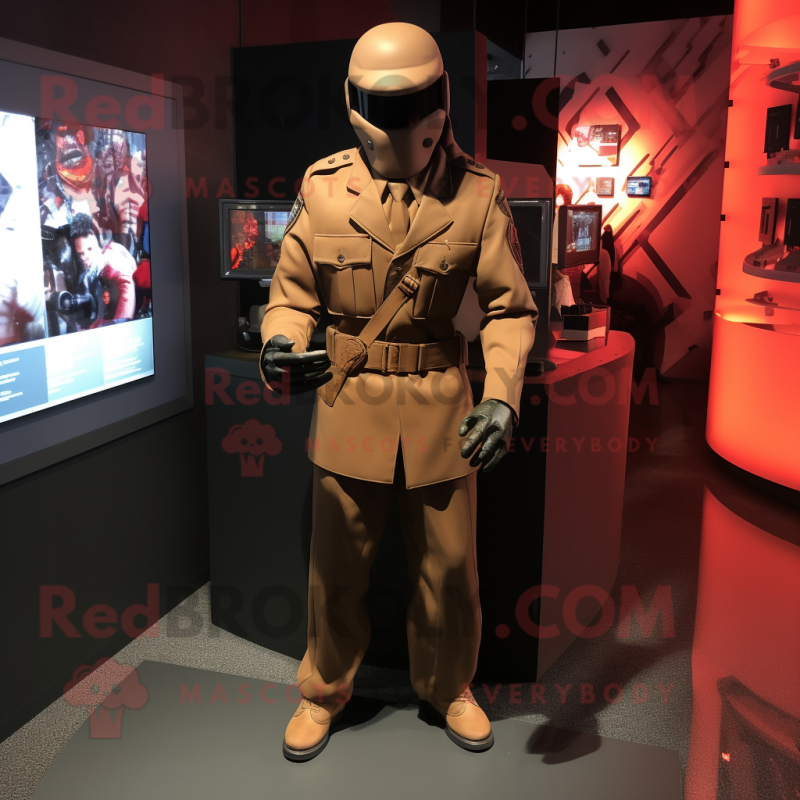 Brown Gi Joe mascot costume character dressed with a Suit Jacket and Hats Brown Gi Joe mascot costume character dressed with a Suit Jacket and Hats