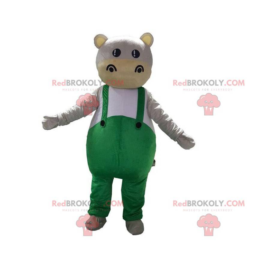 Mascote hipopótamo vestido com macacão verde - Redbrokoly.com Mascote hipopótamo vestido com macacão verde - Redbrokoly.com