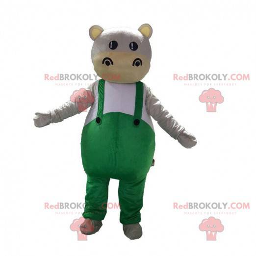 Maskotka hipopotama ubrana w zielony kombinezon - Redbrokoly.com