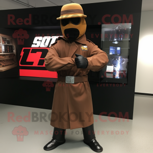 Brown Gi Joe mascot costume character dressed with a Suit Jacket and Hats