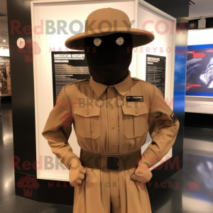 Brown Gi Joe mascot costume character dressed with a Suit Jacket and Hats