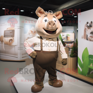 Brown Sow mascot costume character dressed with a Dress Shirt and Cummerbunds