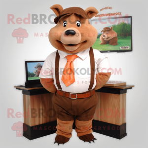 Brown Sow mascot costume character dressed with a Dress Shirt and Cummerbunds