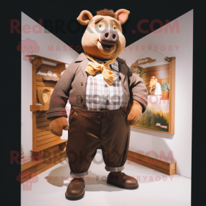 Brown Sow mascot costume character dressed with a Dress Shirt and Cummerbunds