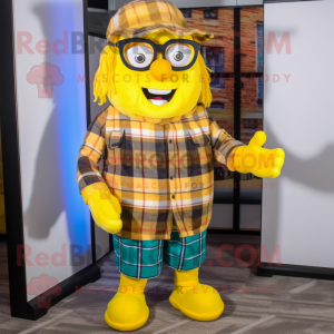 Yellow Ice mascot costume character dressed with a Flannel Shirt and Reading glasses