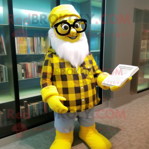 Yellow Ice mascot costume character dressed with a Flannel Shirt and Reading glasses