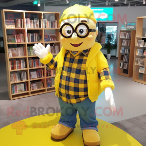 Yellow Ice mascot costume character dressed with a Flannel Shirt and Reading glasses