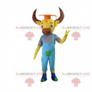 Yellow buffalo mascot with big horns and overalls -