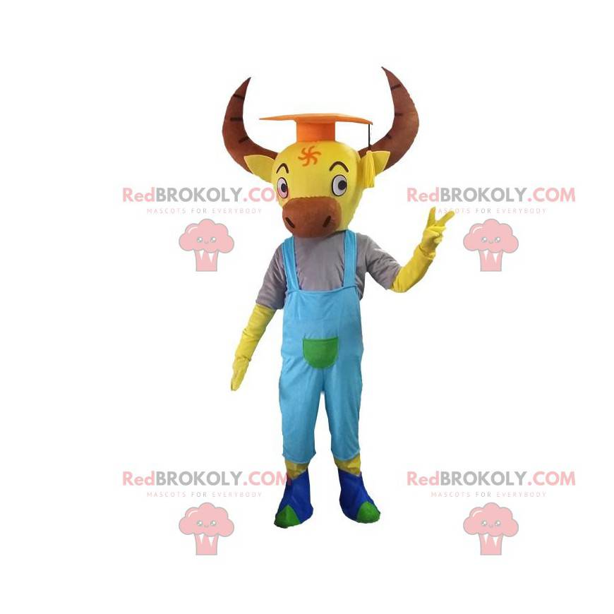 Yellow buffalo mascot with big horns and overalls -
