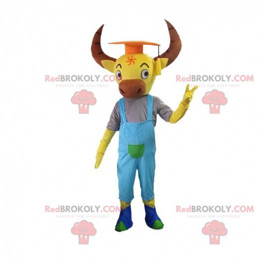 Mascotte di bufalo giallo con grandi corna e tuta -