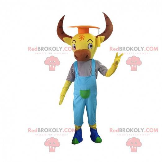 Yellow buffalo mascot with big horns and overalls -