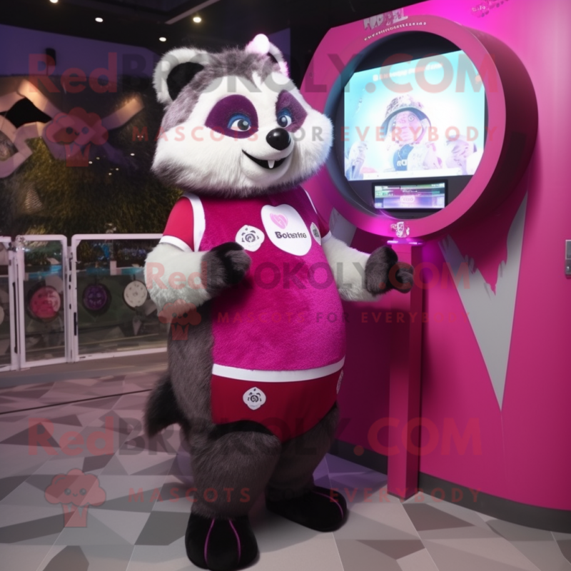 Magenta Raccoon mascot costume character dressed with a Ball Gown and Digital watches