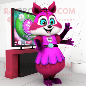 Magenta Raccoon mascot costume character dressed with a Ball Gown and Digital watches