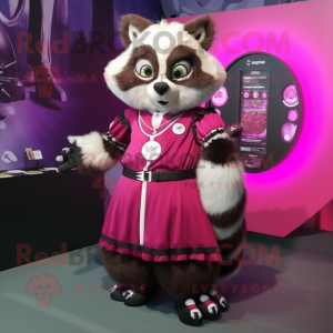 Magenta Raccoon mascot costume character dressed with a Ball Gown and Digital watches