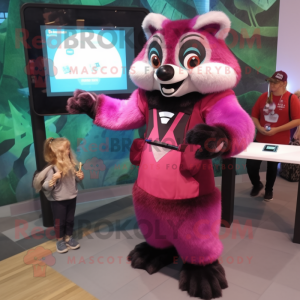 Magenta Raccoon mascot costume character dressed with a Ball Gown and Digital watches