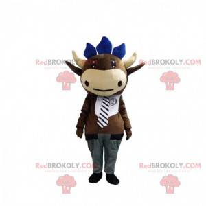 Mascotte mucca marrone con cravatta e pantaloni grigi -