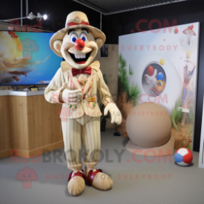 Beige Clown mascot costume character dressed with a Bikini and Lapel pins