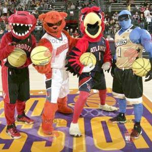 4 mascots: a dinosaur a bear a bird and a blue man -