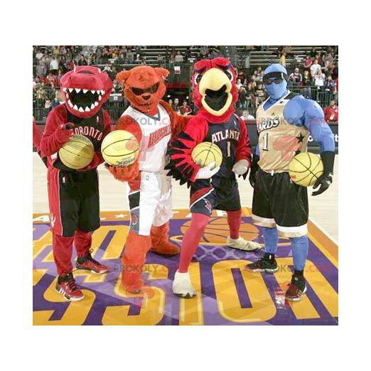 4 mascots: a dinosaur a bear a bird and a blue man -