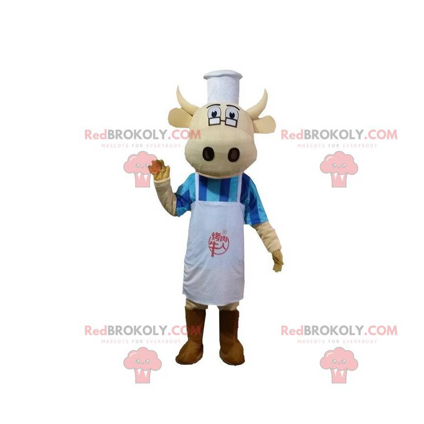 Kráva maskot oblečený jako kuchař, kuchař kostým -
