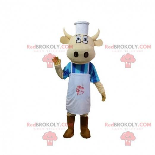 Mascotte de vache en tenue de chef cuisinier, costume de