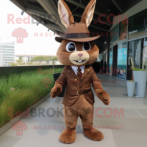 Brown Wild Rabbit mascot costume character dressed with a Suit Pants and Hats