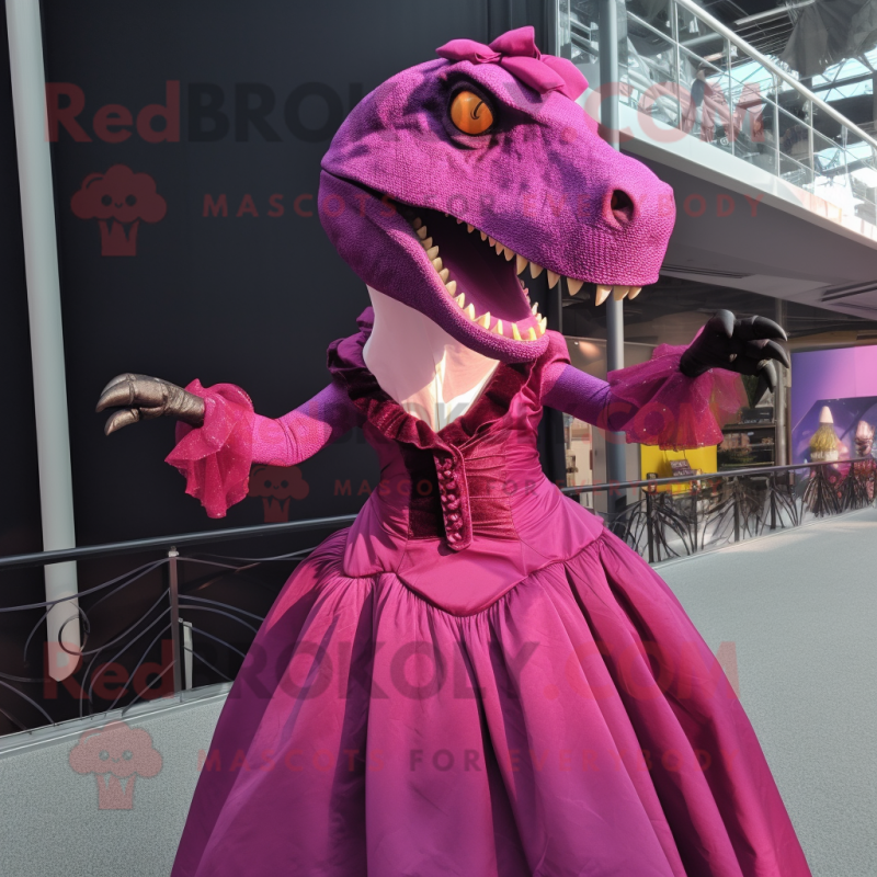 Magenta Tyrannosaurus mascot costume character dressed with a Ball Gown and Lapel pins