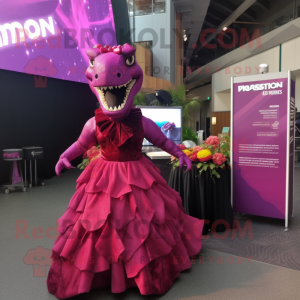 Magenta Tyrannosaurus mascot costume character dressed with a Ball Gown and Lapel pins