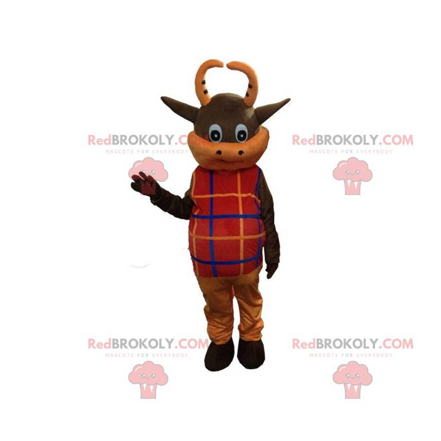Brown and orange cow mascot dressed in red - Redbrokoly.com
