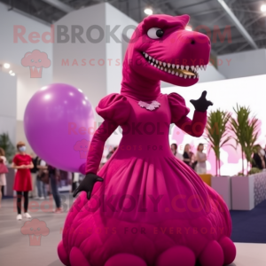 Magenta Tyrannosaurus mascot costume character dressed with a Ball Gown and Lapel pins