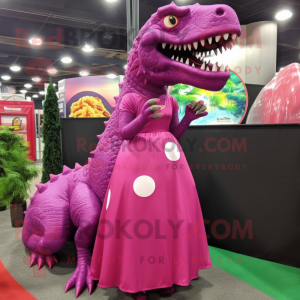 Magenta Tyrannosaurus mascot costume character dressed with a Ball Gown and Lapel pins