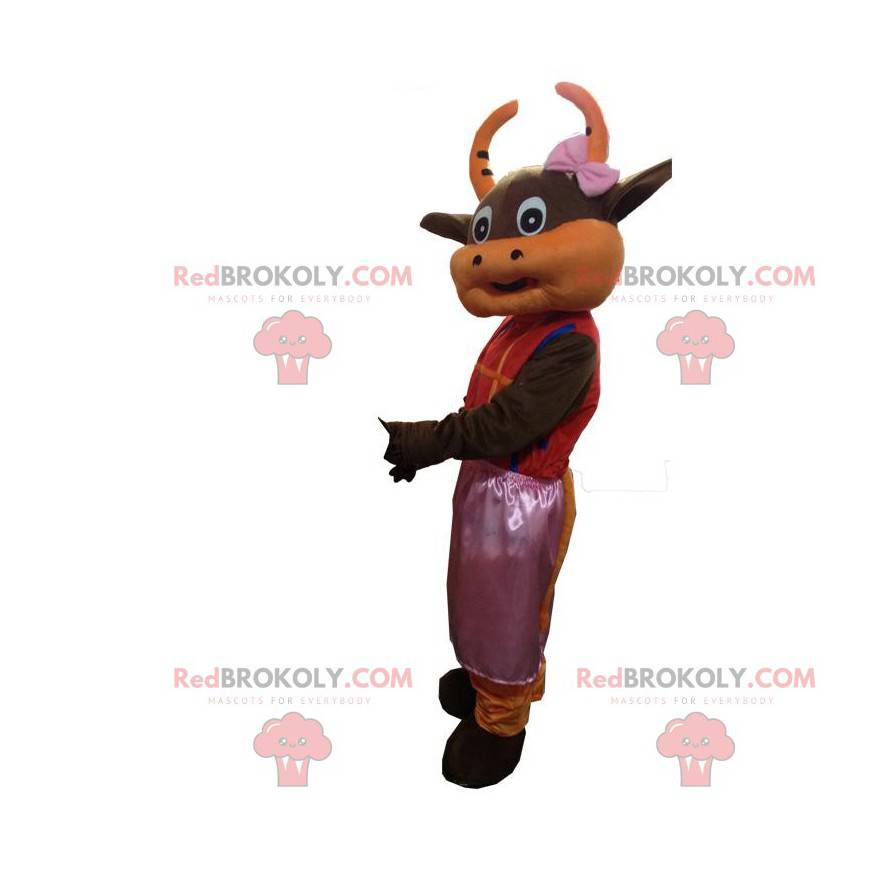 Brown and orange cow mascot dressed in a pink dress -