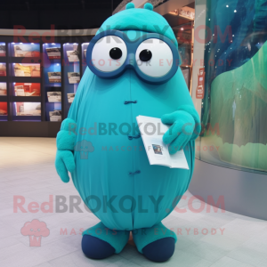 Cyan Shakshuka mascot costume character dressed with a Parka and Reading glasses