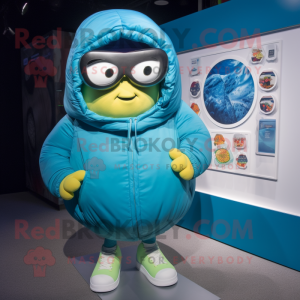 Cyan Shakshuka mascot costume character dressed with a Parka and Reading glasses