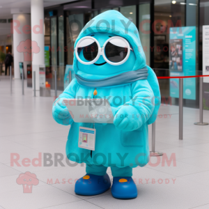 Cyan Shakshuka mascot costume character dressed with a Parka and Reading glasses