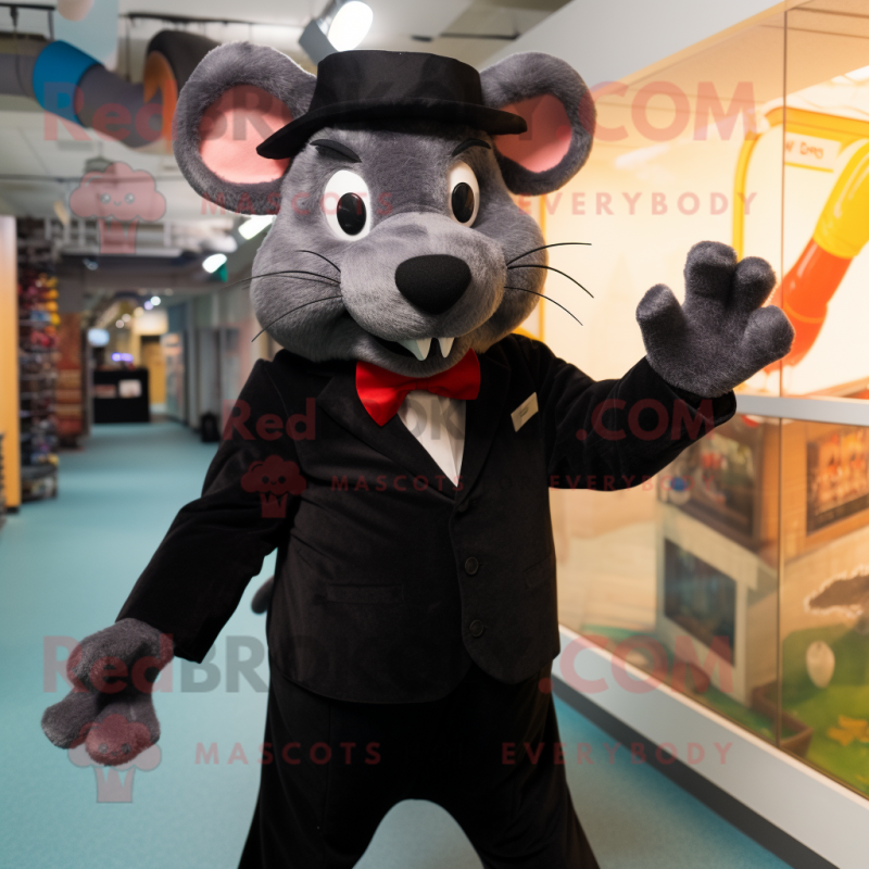 Black Rat mascot costume character dressed with a Suit and Mittens