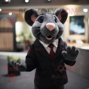 Black Rat mascot costume character dressed with a Suit and Mittens