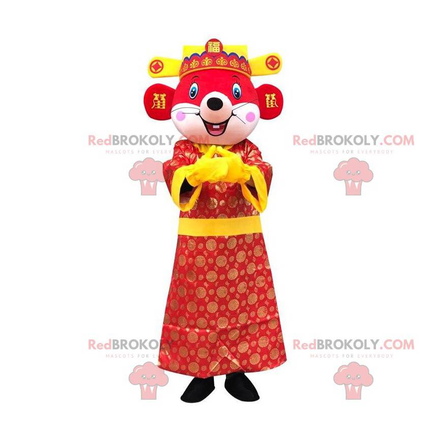 Mascotte del mouse rosso vestita in abito asiatico colorato -
