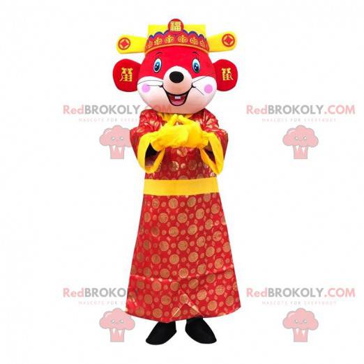 Mascota del ratón rojo vestida con un colorido traje asiático -
