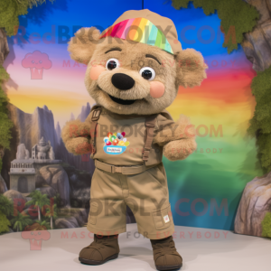 Tan Rainbow mascot costume character dressed with a Cargo Shorts and Hair clips
