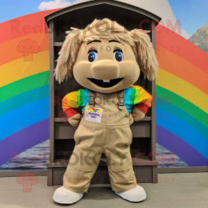 Tan Rainbow mascot costume character dressed with a Cargo Shorts and Hair clips