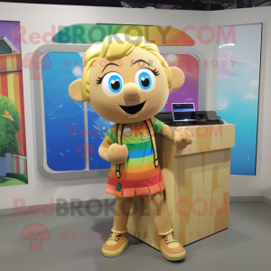 Tan Rainbow mascot costume character dressed with a Cargo Shorts and Hair clips